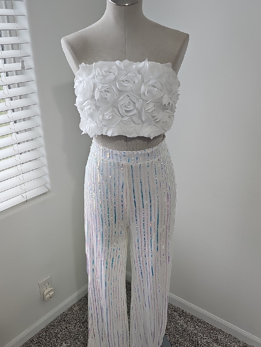 White Sequin Stripe Wide-Leg Pantsand Floral Top